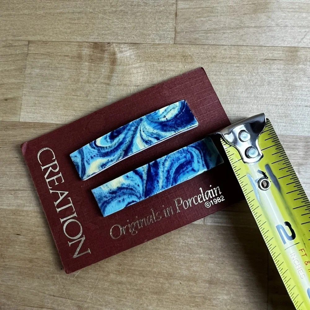 Vintage Pair Porcelain Hair Barrettes Creation 1982 Blue Swirl NEW